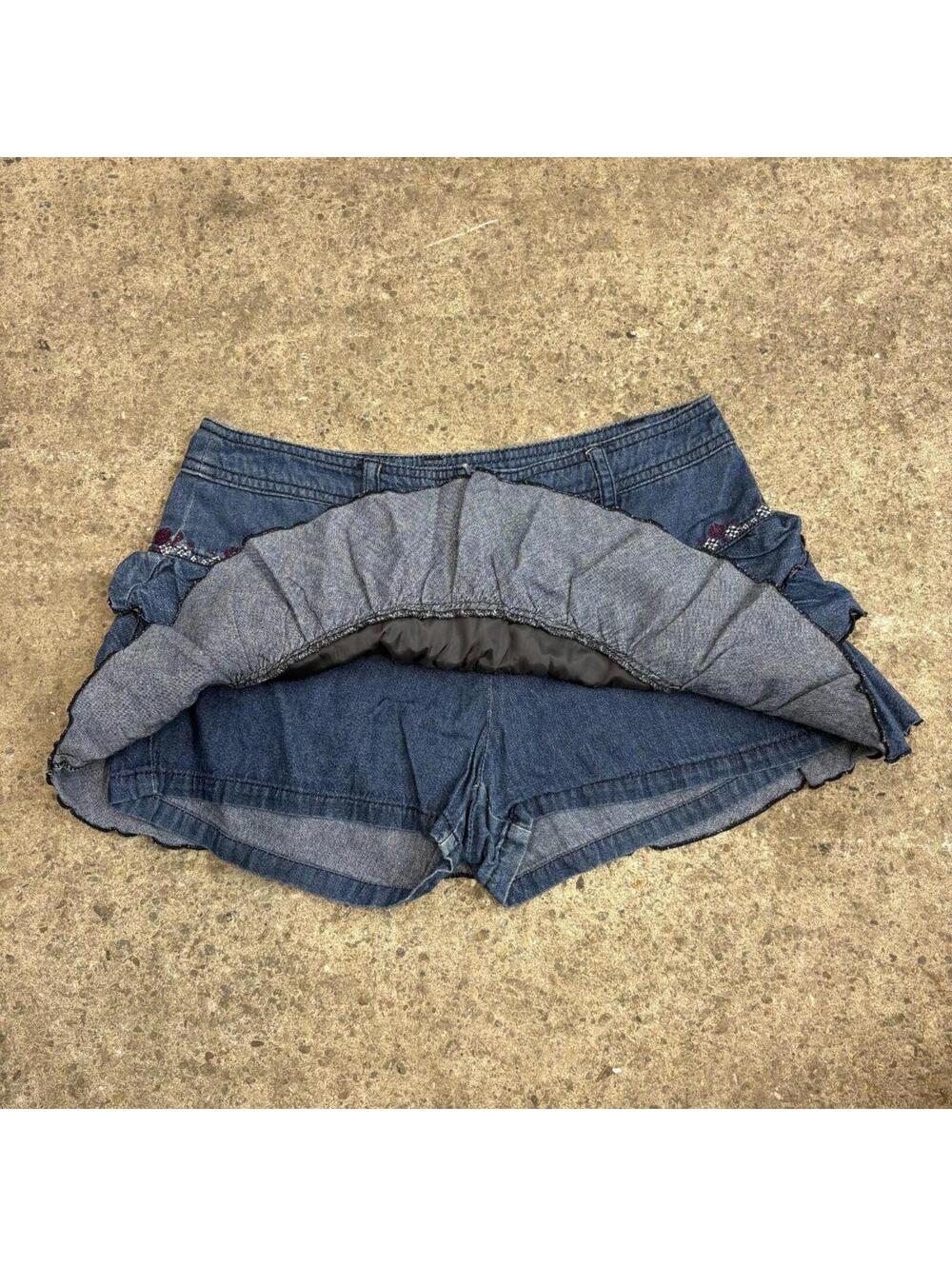 Vintage Y2K Denim Micro Mini Skirt Low Rise Ruffle Tiered - Picture 3 of 5